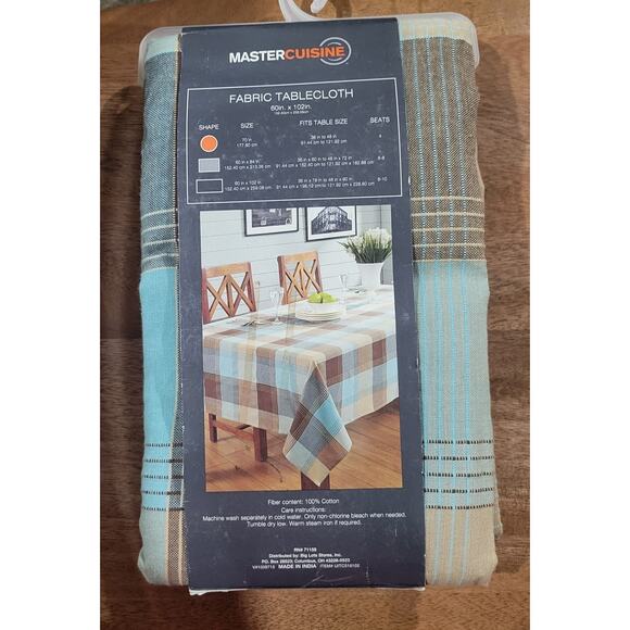 Master Cuisine Tablecloth Rectangle 60"x102" Fabric Blue Brown Plaid Cloth New - Picture 4 of 4